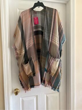Plaid Fringe Open Front Kimono - Multi Pastel